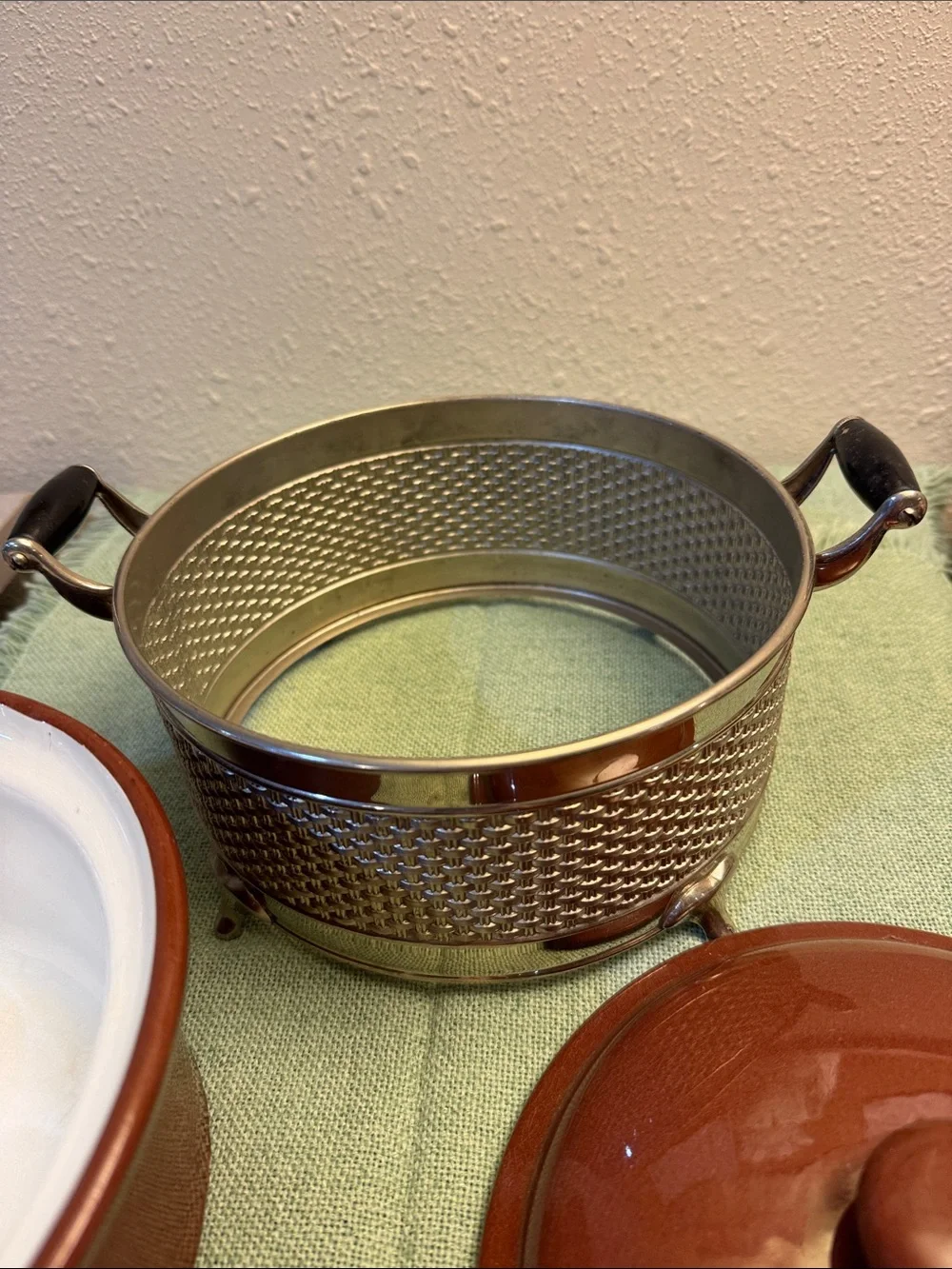 Classic Vintage Casserole Ceramic Crock with lid and Silver-tone Metal Base